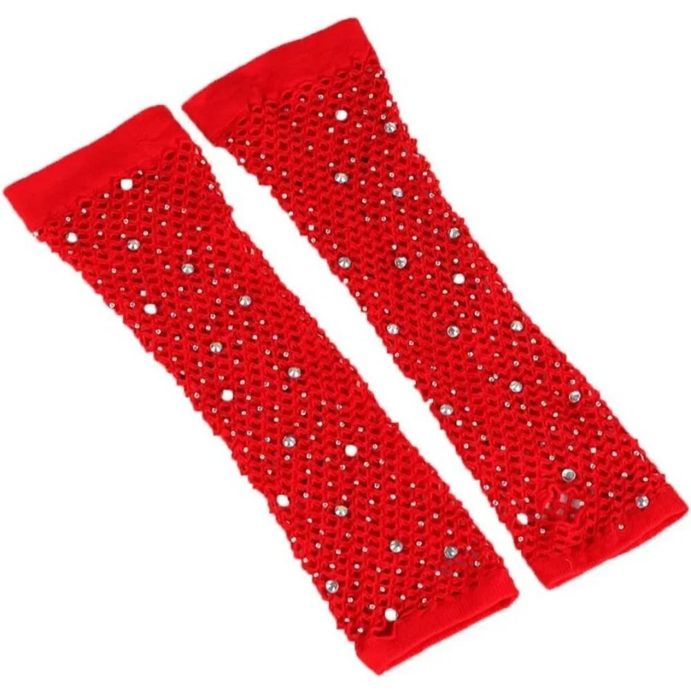 Women's Rhinestones Red Fingerless Fishnet Mesh Long Gloves Party Cosplay